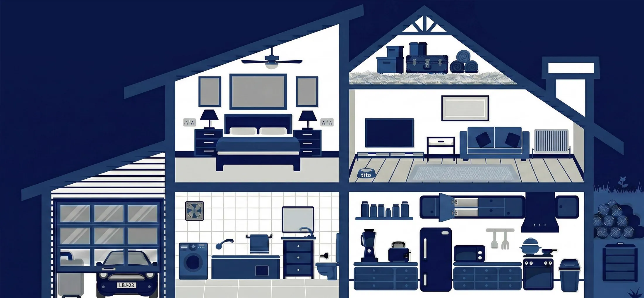 Schéma d'une maison en coupe avec les zones inspectées par DAN